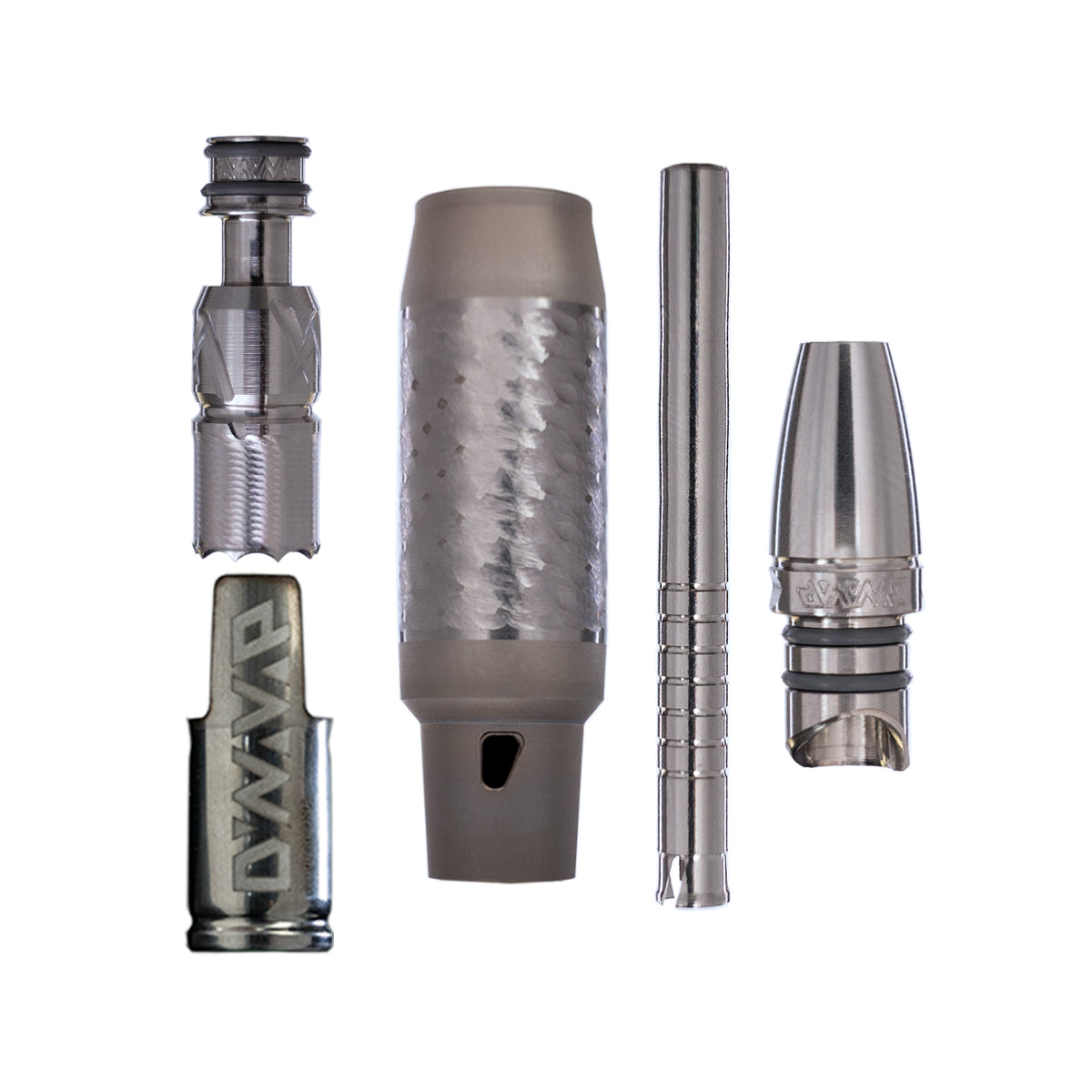 Zerlegte Komponenten des DynaVap VonG X: Captive Cap, Edelstahl-Tip, DuraDyn-Titan-Body, Kondensor/Stem und Mundstück