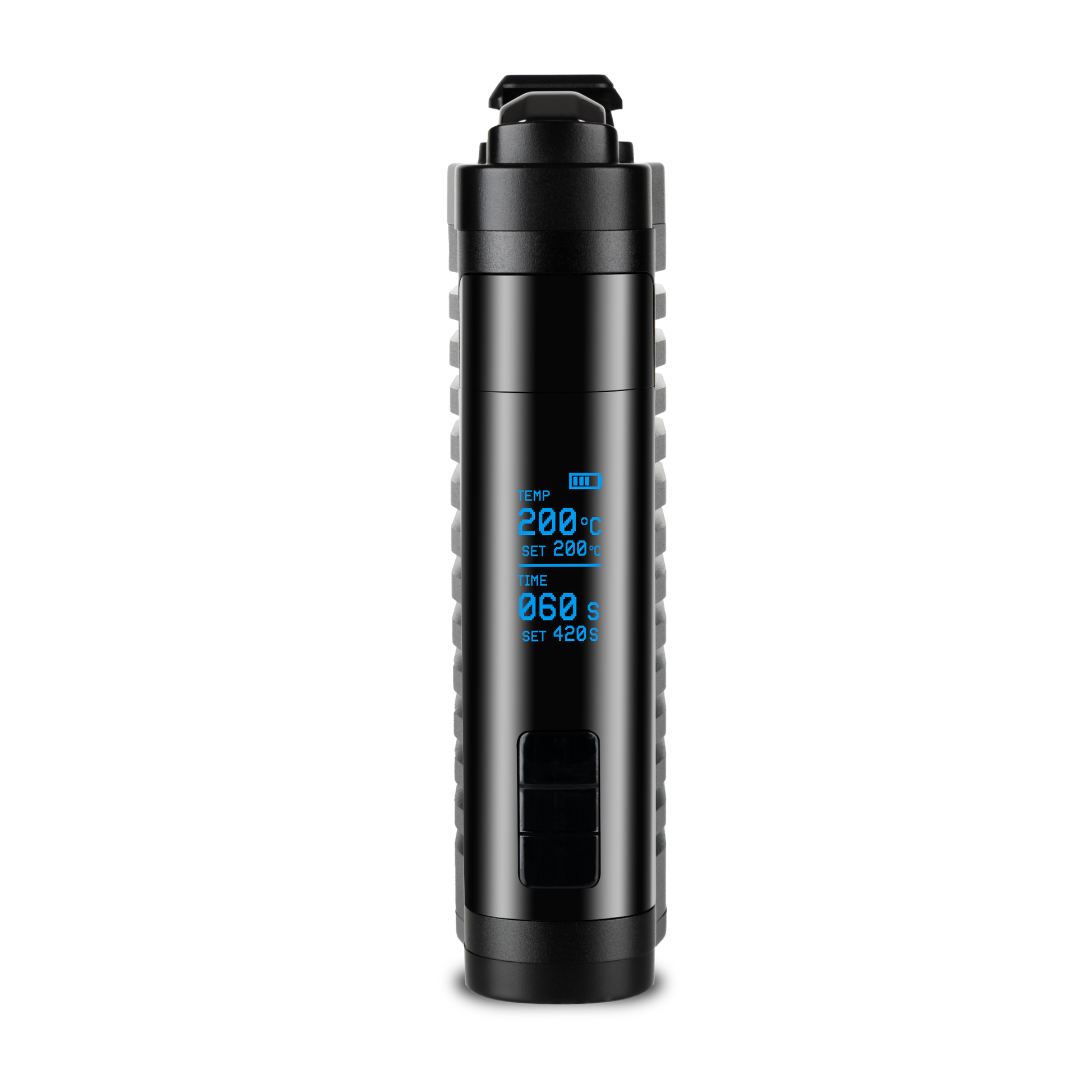 Frontansicht des FENiX 2.0 MAX mit 0,96-Zoll OLED-Display, Temperaturanzeige und Session-Timer.