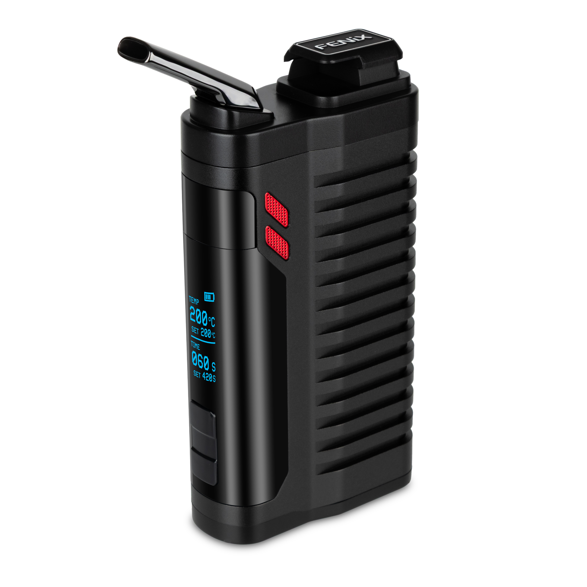 FENiX 2.0 MAX in Seitenansicht mit ausgeklapptem Mundstueck – tragbarer Kraeuter-Vaporizer mit reiner Konvektion.