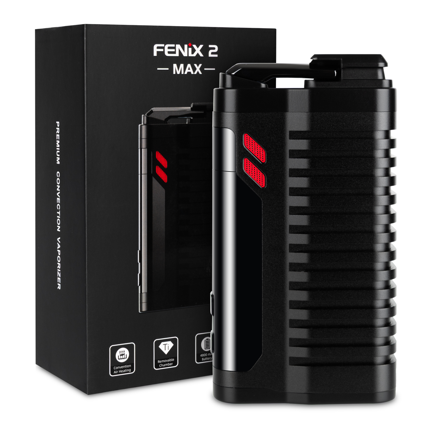 FENiX 2.0 MAX Konvektions-Vaporizer von Weecke neben der Verpackung – tragbar, leistungsstark, 4800 mAh Akku.