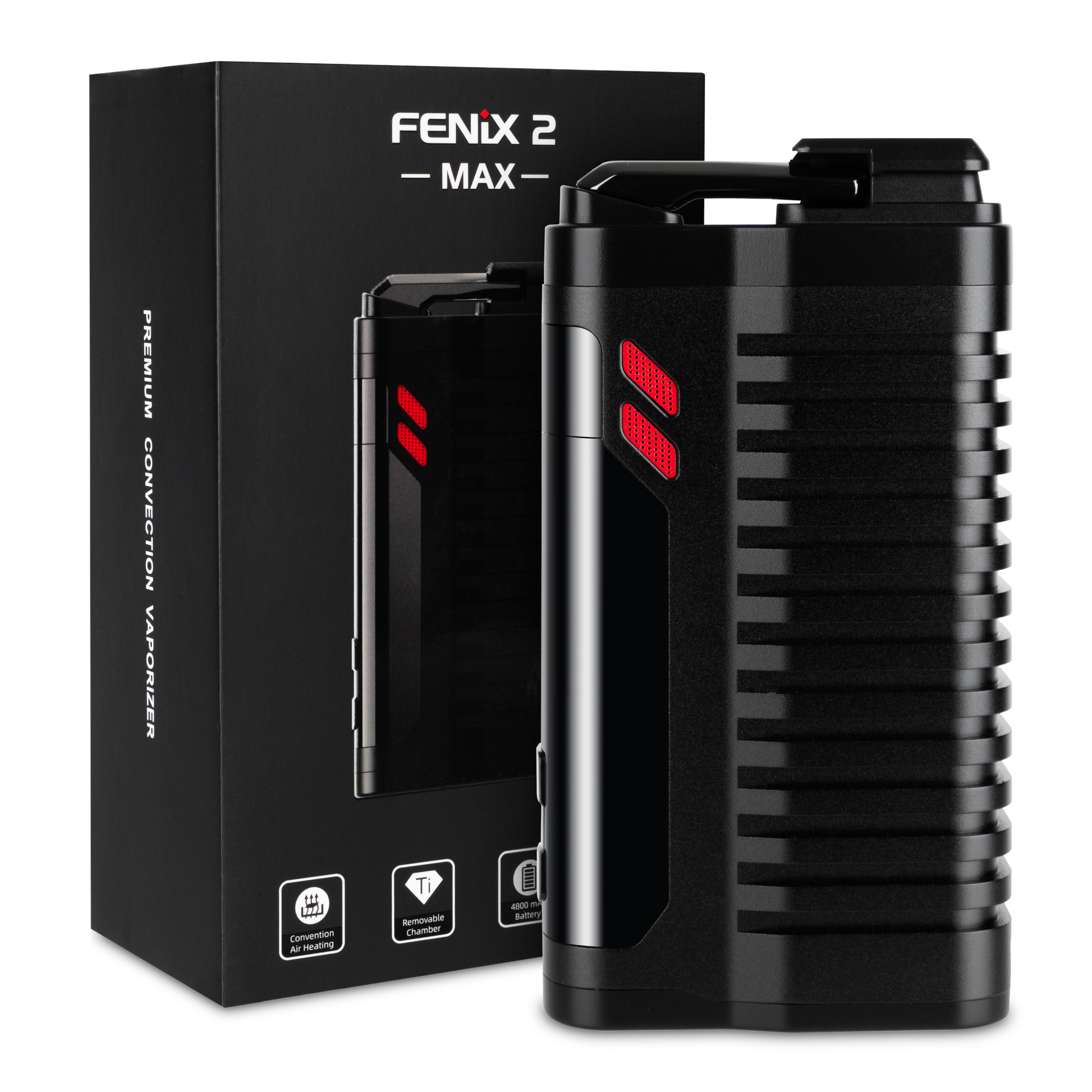 FENiX 2.0 MAX Konvektions-Vaporizer von Weecke neben der Verpackung – tragbar, leistungsstark, 4800 mAh Akku.