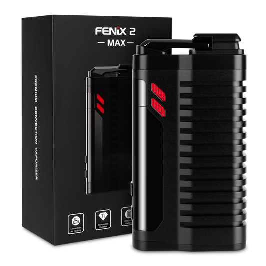 FENiX 2.0 MAX Konvektions-Vaporizer von Weecke neben der Verpackung – tragbar, leistungsstark, 4800 mAh Akku.