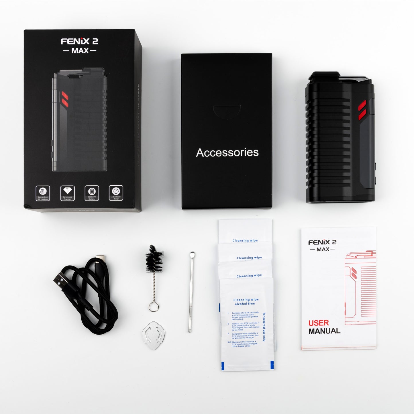 FENiX 2.0 MAX Vaporizer Lieferumfang mit Zubehoer, USB-C Kabel, Reinigungsbuerste, Titan-Kammer und Anleitung – Konvektions-Vaporizer von Weecke.