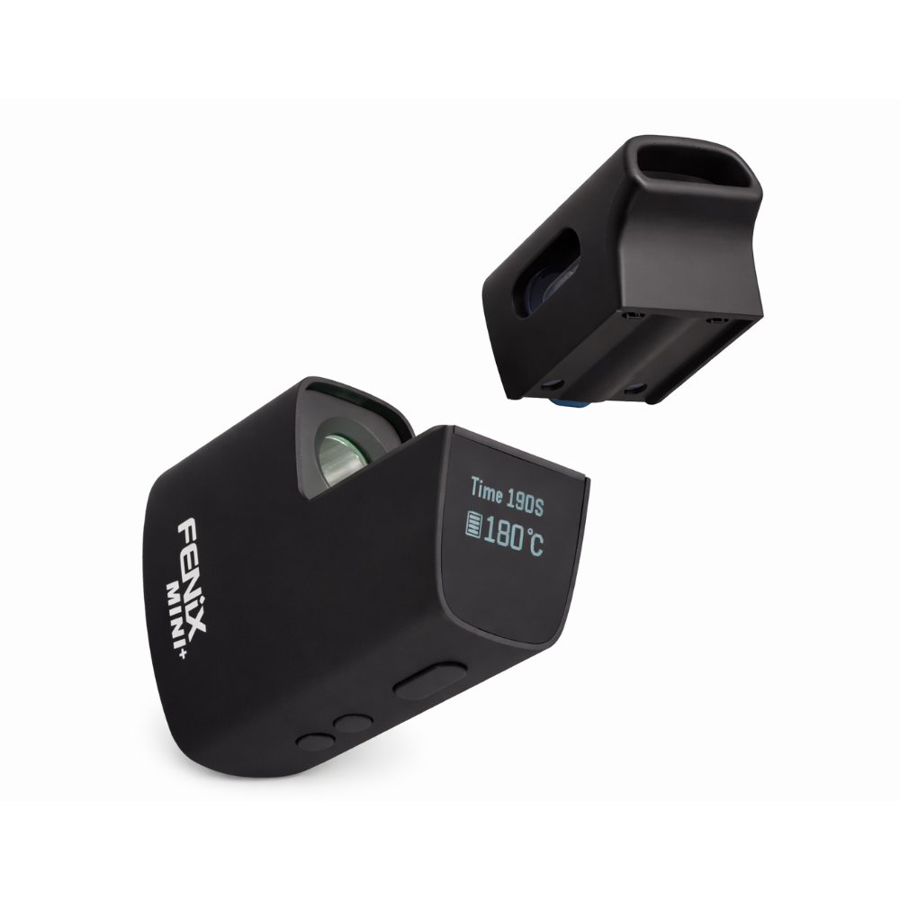 FENiX MINI+ Vaporizer in Explosionsansicht mit separatem Mundstück und Display auf weißem Studiohintergrund