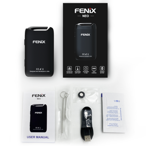 FENiX NEO Vaporizer Lieferumfang: Gerät, Box, Glas- und Reinigungszubehör, USB-C Kabel und Handbuch – tragbarer Kräutervaporizer