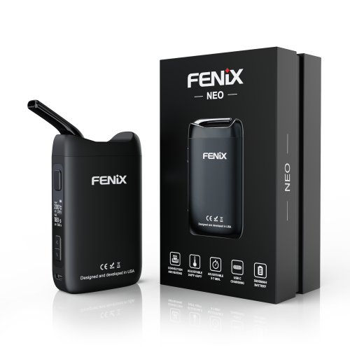 FENiX NEO Vaporizer neben Originalverpackung – tragbarer Vollkonvektionsvaporizer für Kräuter, modernes Design.