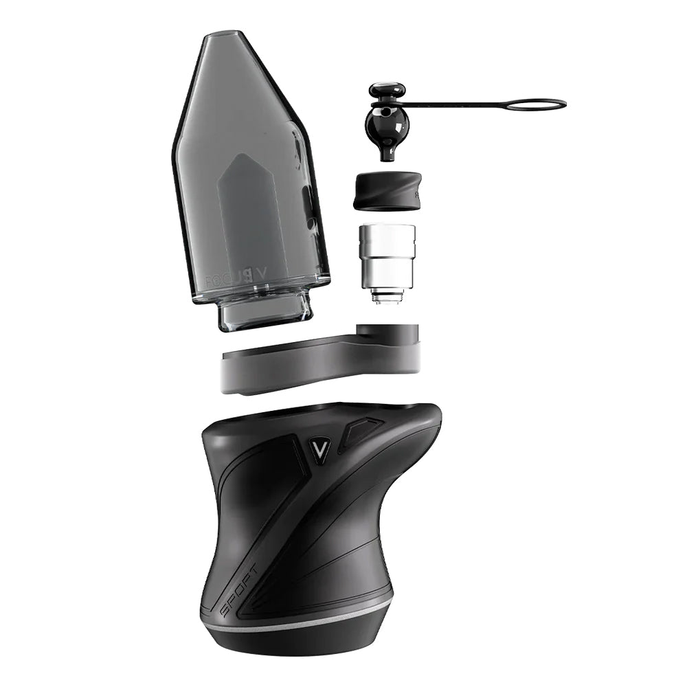 Explosionsansicht des Focus V CARTA SPORT in Schwarz mit Glasaufsatz, Bubble Cap und Atomizer