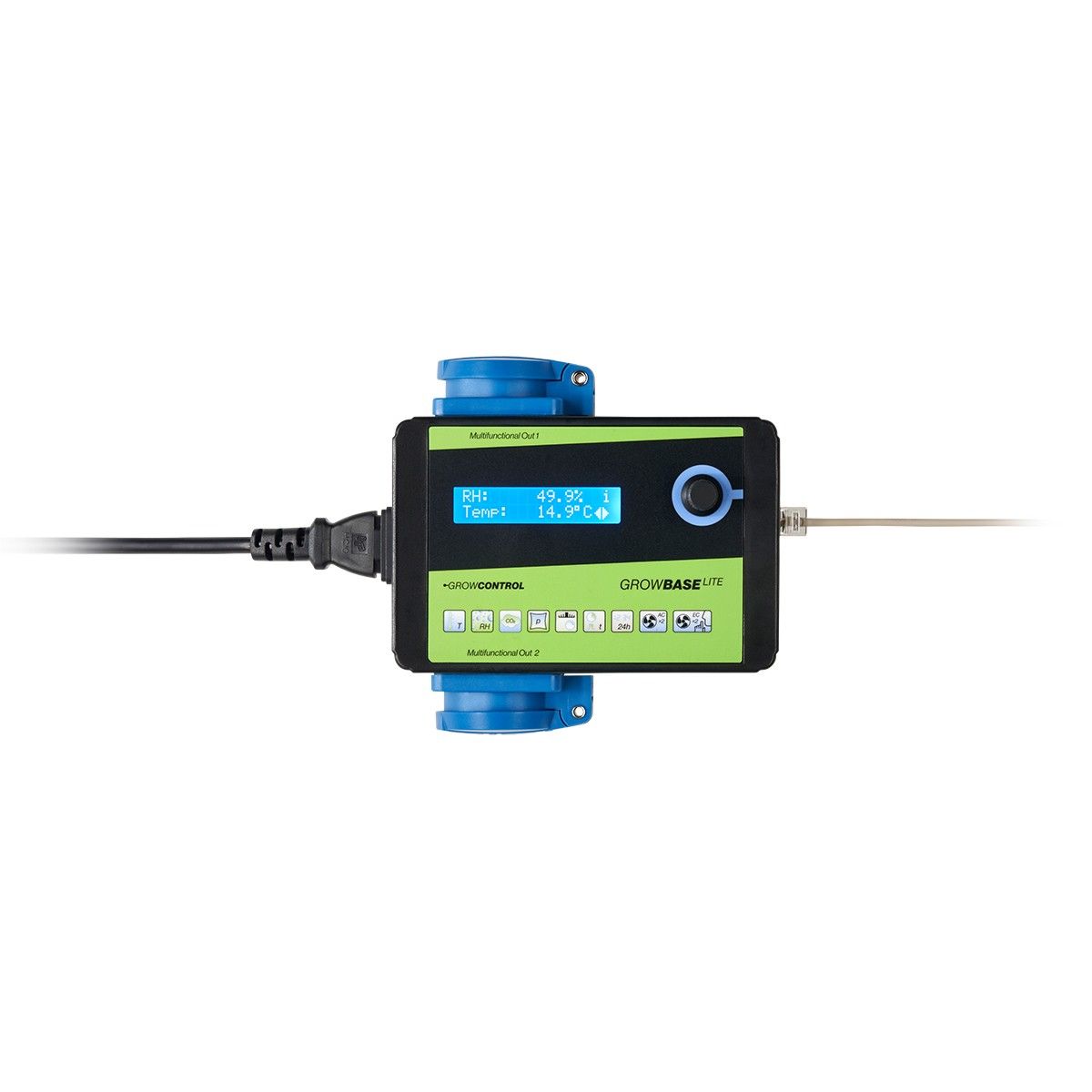 Top-Ansicht des GrowBase Lite Displays mit RH- und Temperaturanzeige, Drehknopf; präziser Klimacontroller mit 0–10-V-Dimmung, CO₂/Unterdruck-Regelung.