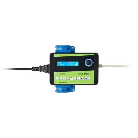 Top-Ansicht des GrowBase Lite Displays mit RH- und Temperaturanzeige, Drehknopf; präziser Klimacontroller mit 0–10-V-Dimmung, CO₂/Unterdruck-Regelung.