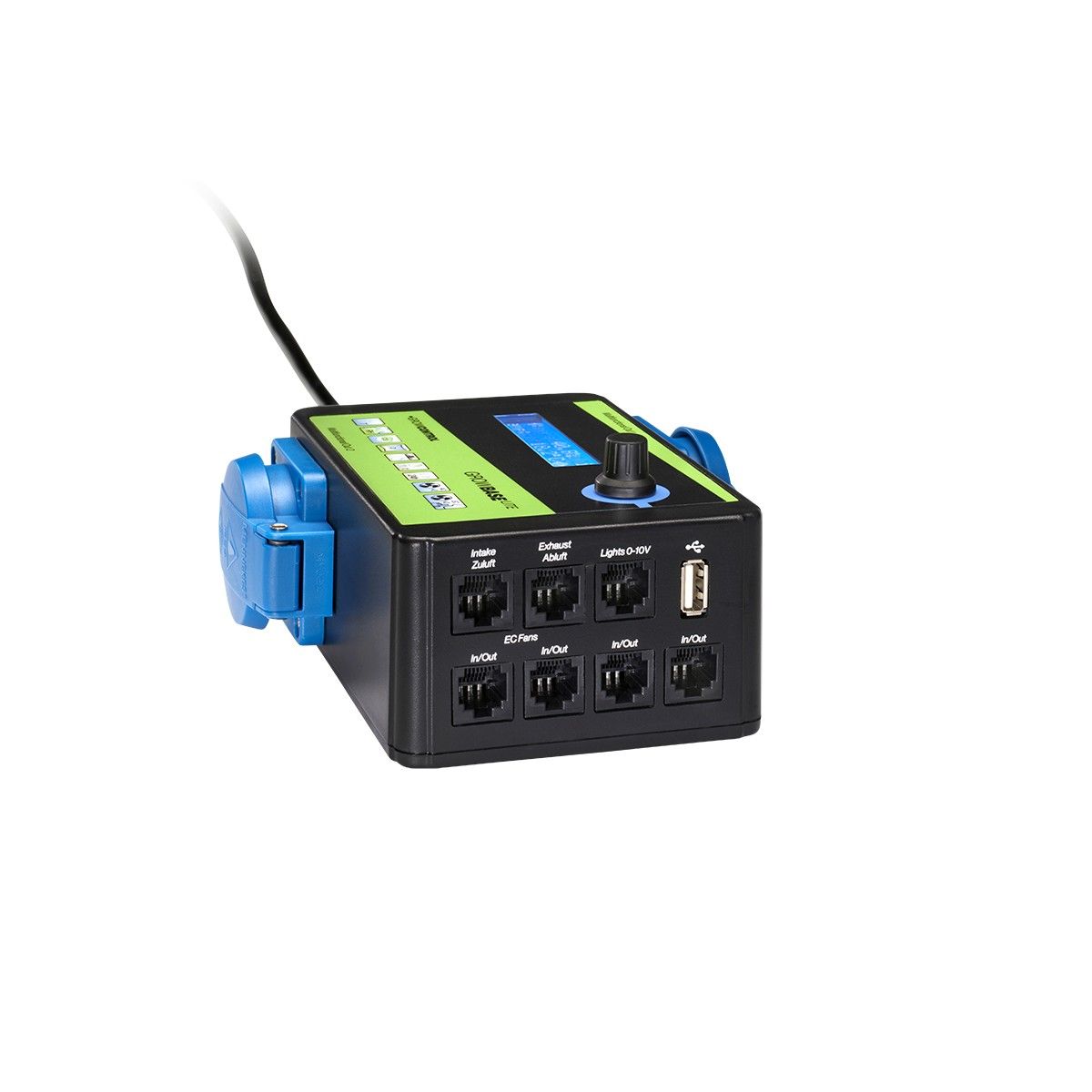 GrowControl GrowBase Lite Klimacontroller – Frontansicht mit RJ45-Ports, USB, 0–10-V-Lichtausgang und zwei Schuko-Steckdosen für Growbox.