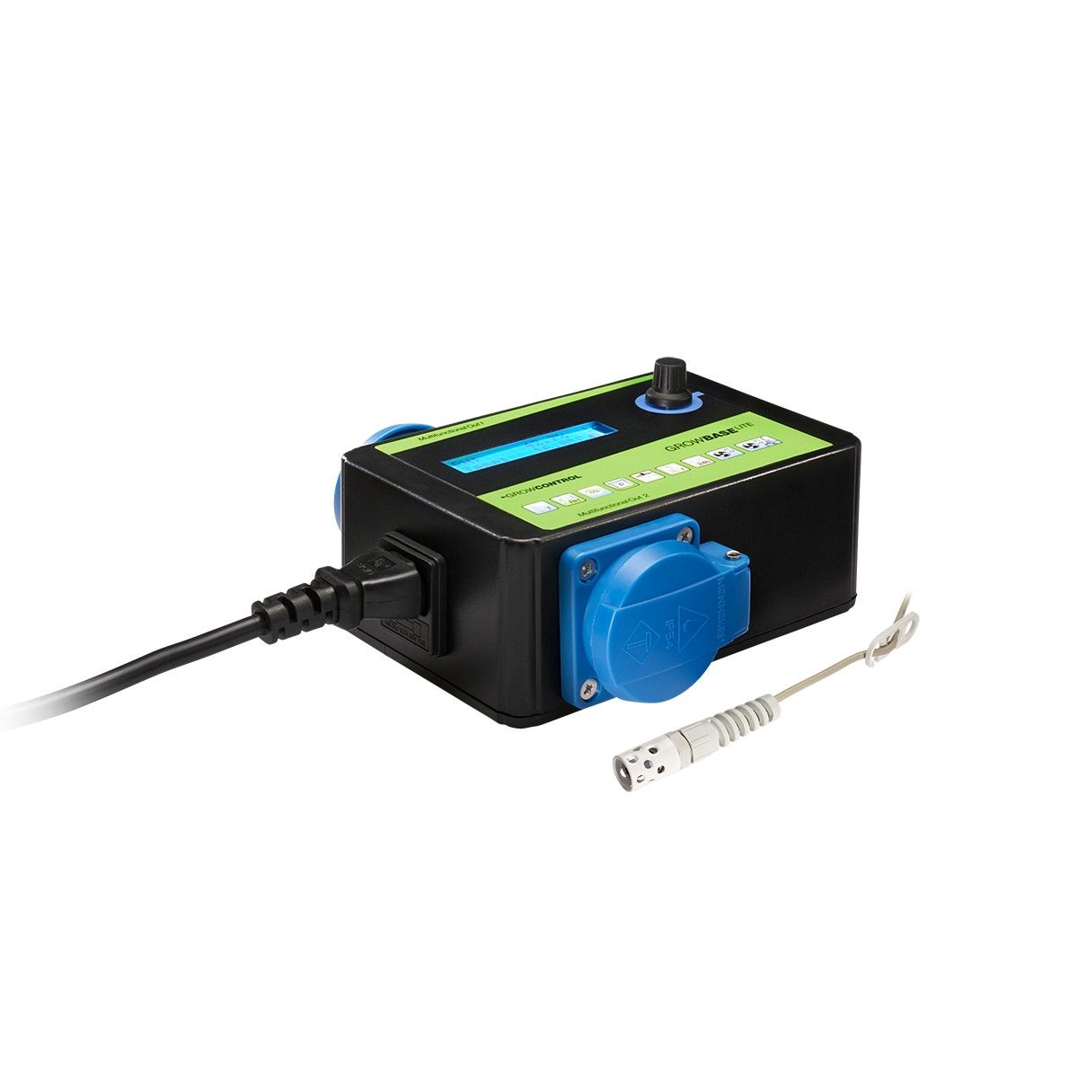 GrowBase Lite Rückseite mit zwei Schuko-Steckdosen, Netzkabel und RH/Temperatur-Sensor; Klimacontroller für EC/AC-Lüfter in Growbox & Gewächshaus.