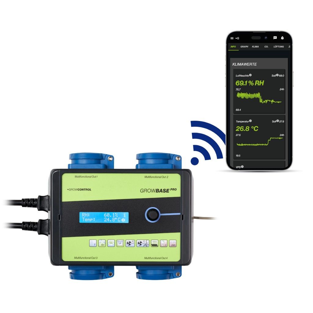 GrowControl GrowBase Pro WIFI Klimacontroller mit Smartphone-App zur Steuerung von Temperatur, Luftfeuchtigkeit und Klima im Indoor-Growraum