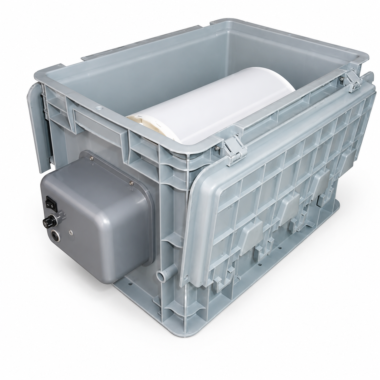 Heisenberg Pollenmaschine 150 g in Seitenansicht mit elektrischem Motor, Steuergehäuse und Siebtrommel