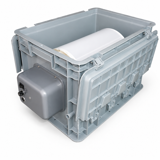 Heisenberg Pollenmaschine 150 g in Seitenansicht mit elektrischem Motor, Steuergehäuse und Siebtrommel