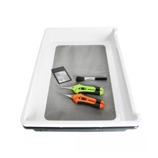 Heisenberg Trimtray Set – Erntehelfer mit Edelstahlsieb, Präzisionsscheren, Botanikerlupe und Pinsel zum präzisen Trimmen von Pflanzen