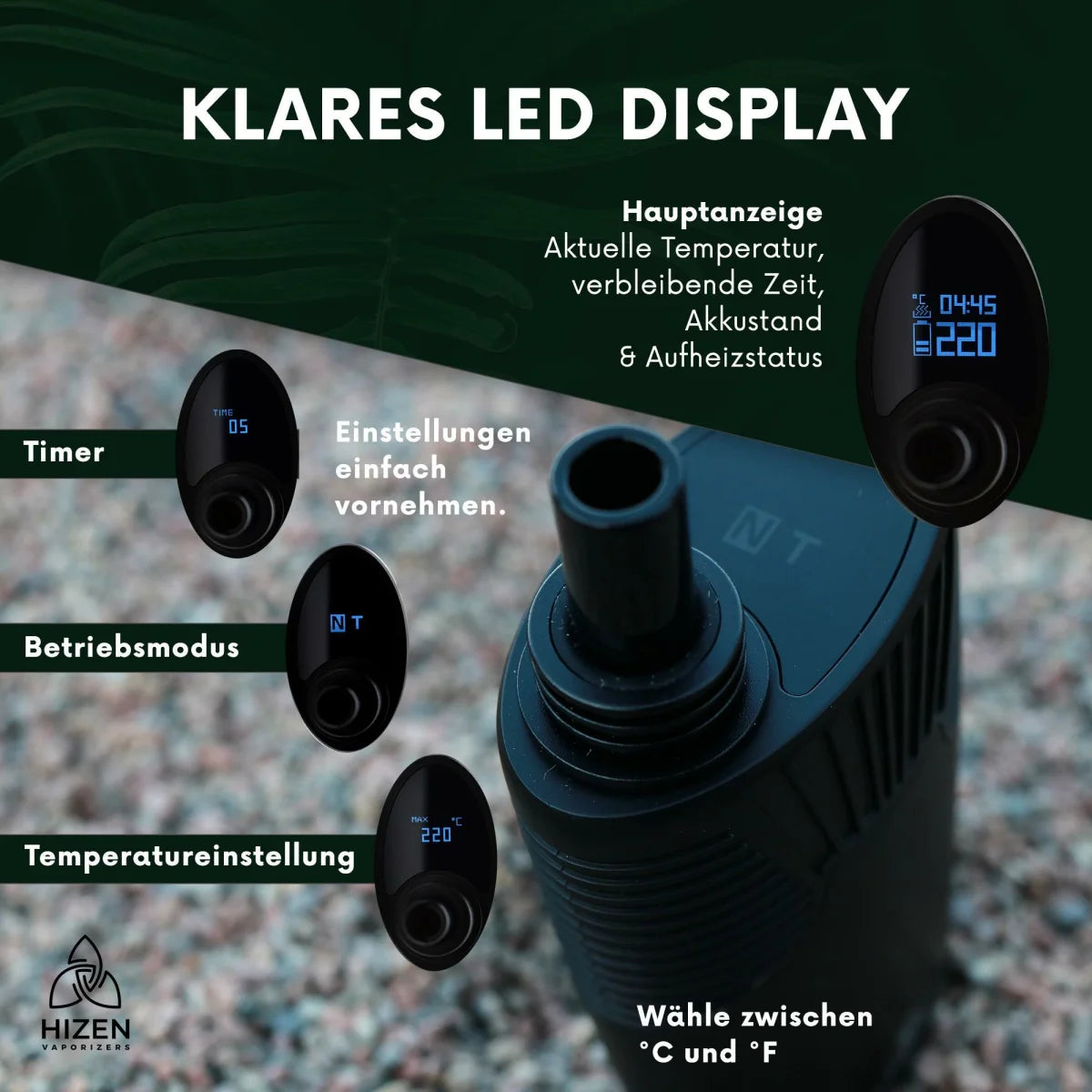 HIZEN Convectum Vaporizer mit klarem LED Display für Temperatur, Timer, Betriebsmodus, Akkustand und Aufheizstatus
