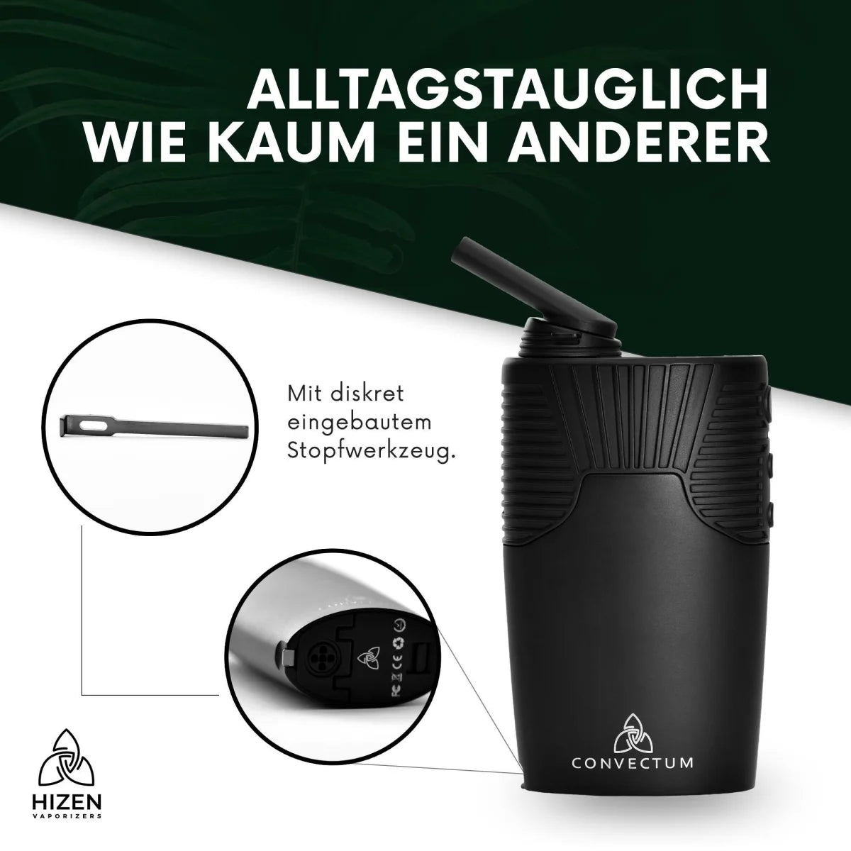 HIZEN Convectum Vaporizer in Onyx Black mit integriertem Stopfwerkzeug für einfache Reinigung und Alltagseinsatz
