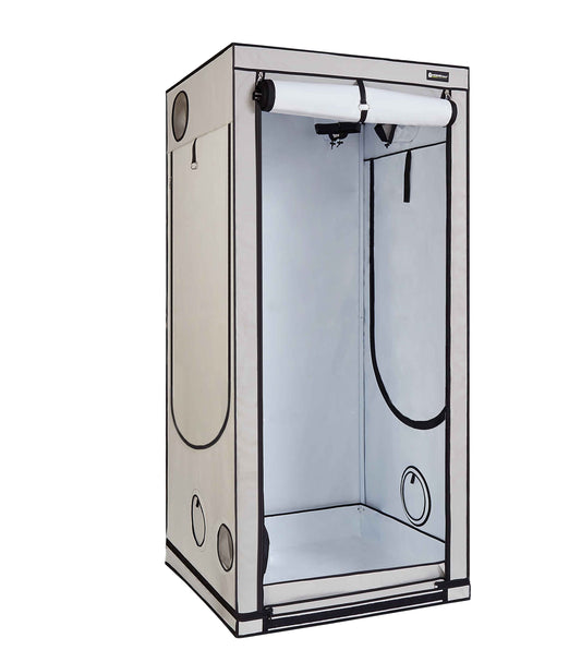 Homebox Ambient Q100+ geöffnet, seitliche Ansicht mit reflektierender PAR+ Innenbeschichtung für optimale Lichtausbeute beim Indoor-Anbau