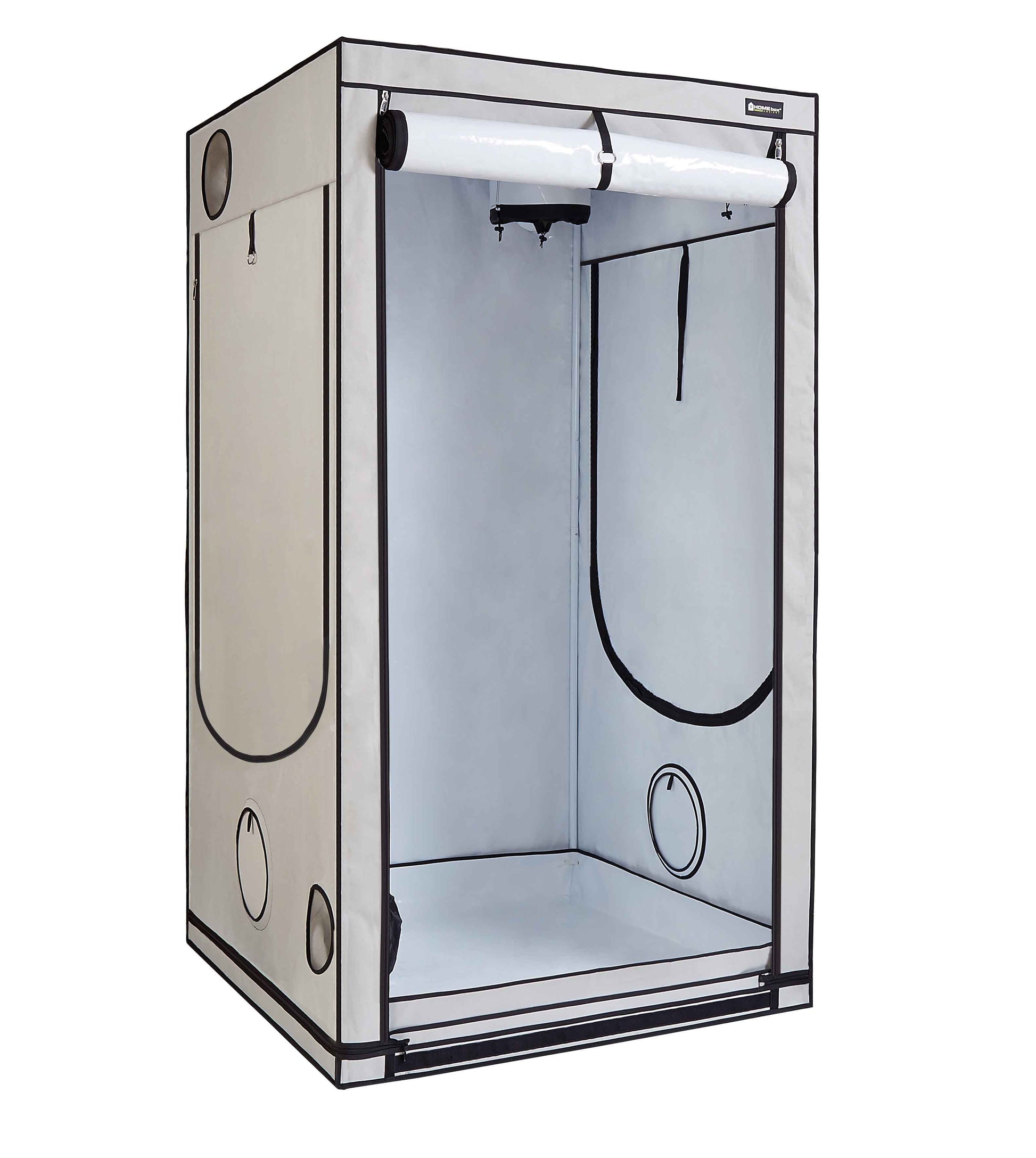 Geöffnete Homebox Ambient Q120+ mit reflektierender PAR+ Innenbeschichtung für optimales Pflanzenwachstum bei Vetter Grow