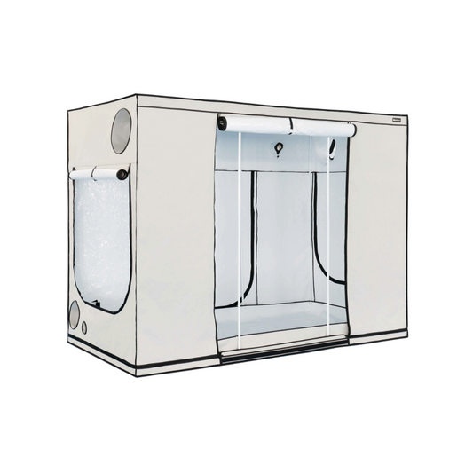 Homebox Ambient Q300+ Growzelt 300x150x220 cm – geöffnete Seitenansicht mit reflektierender PAR+ Innenbeschichtung