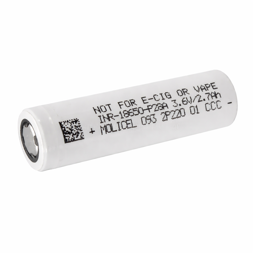 Molicel INR18650-P28A 18650 Akku 2800mAh 35A Produktbild auf weißem Studiohintergrund