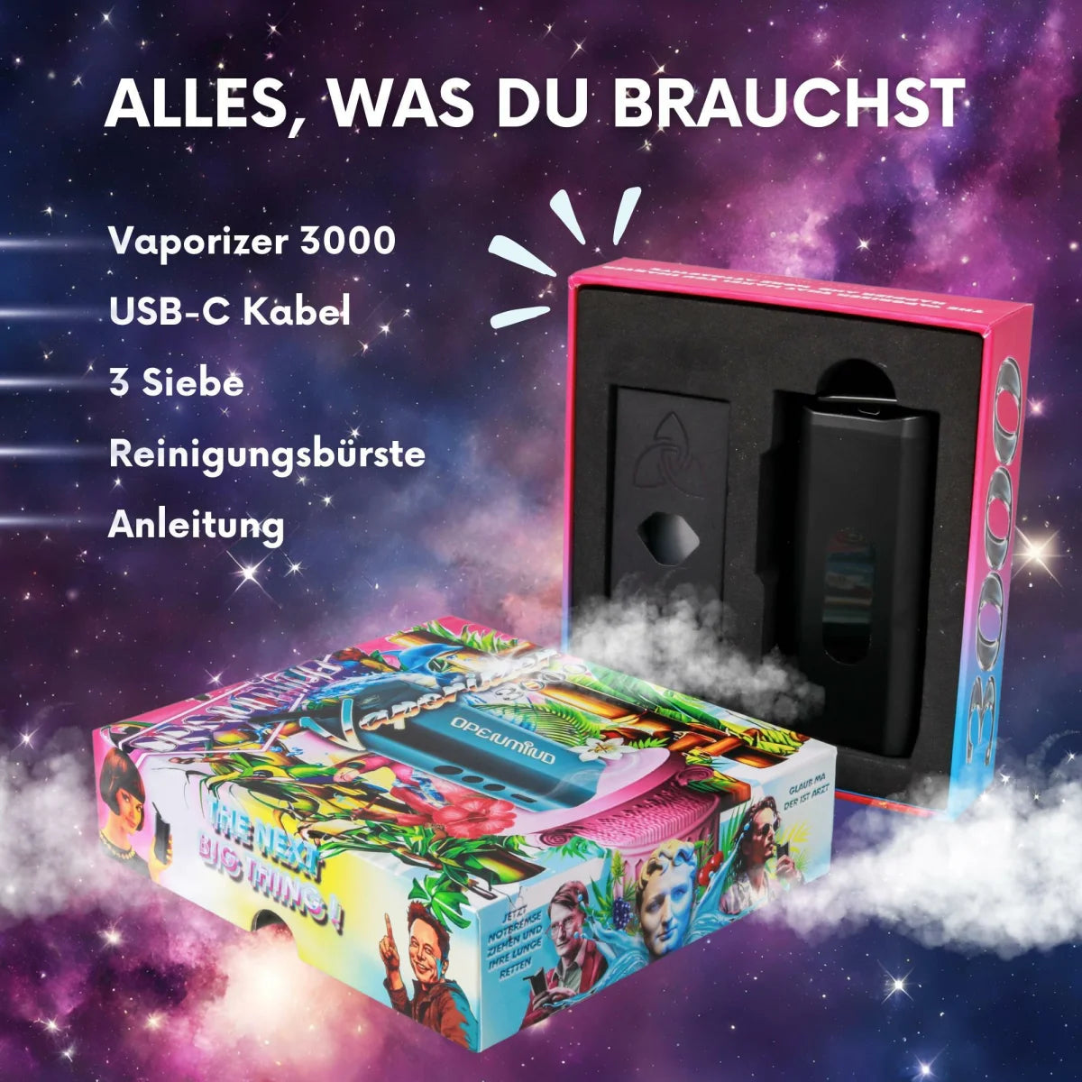 Nanu x Vaporizer 3000 Openmind Limited Edition mit farbiger Verpackung und schwarzem Vaporizer