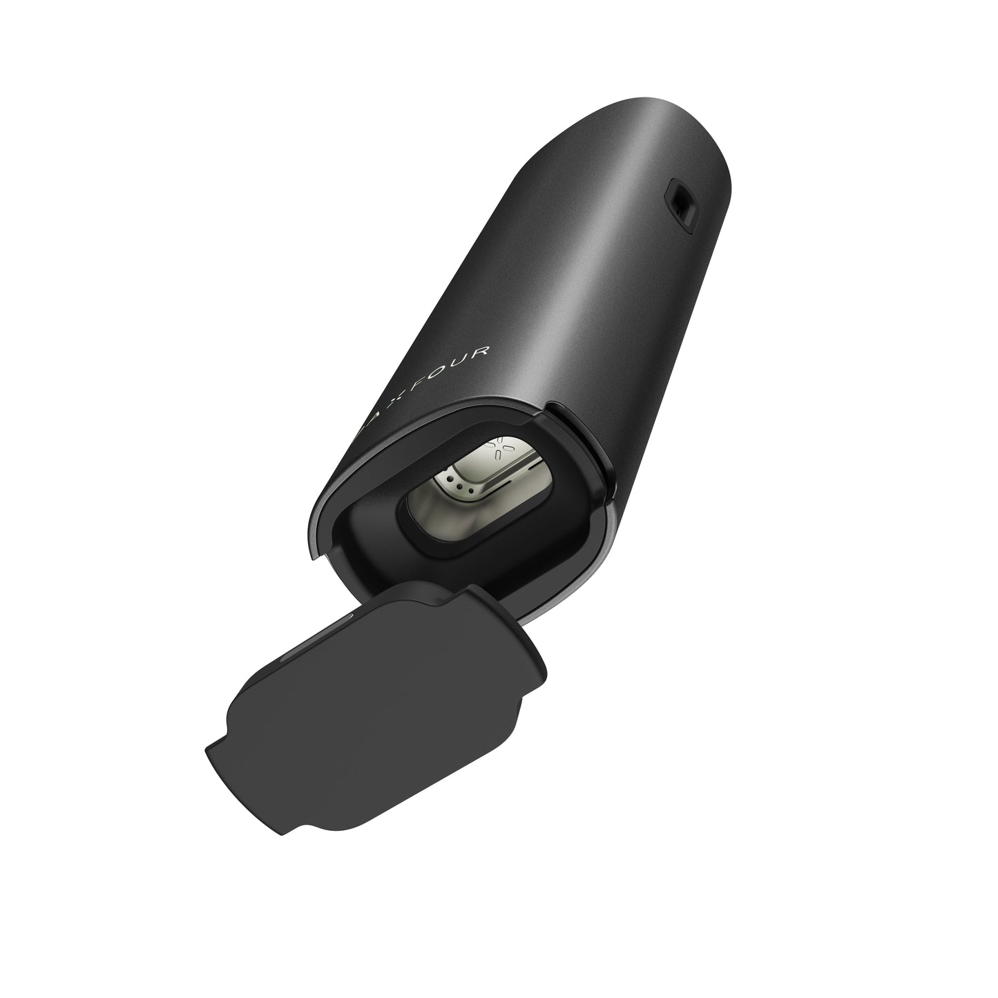 PAX Four Onyx mit geöffnetem Ofen – Blick auf die Kräuterkammer des Dry-Herb Vaporizers