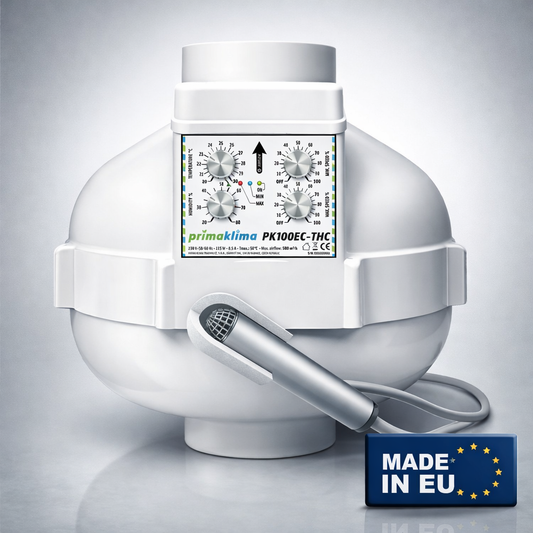 Prima Klima PK100EC-THC EC-Rohrlüfter Ø100 mm mit Temperatur- und Feuchteregelung, bis 580 m³/h, neu im Sortiment, Made in EU