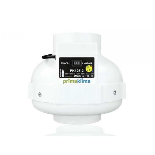 Prima Klima PK125-2 Lüfter Ø125mm mit 2-stufiger Leistung 220/400 m³/h für effiziente Growbox-Luftzirkulation
