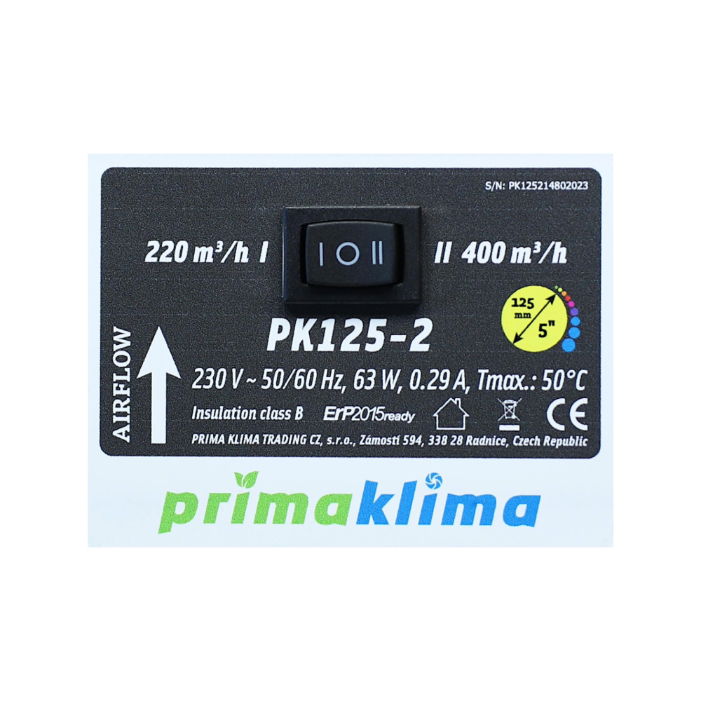Umschaltbarer Schalter des Prima Klima PK125-2 Ventilators mit 220 m³/h und 400 m³/h Luftleistung für Growbox-Belüftung
