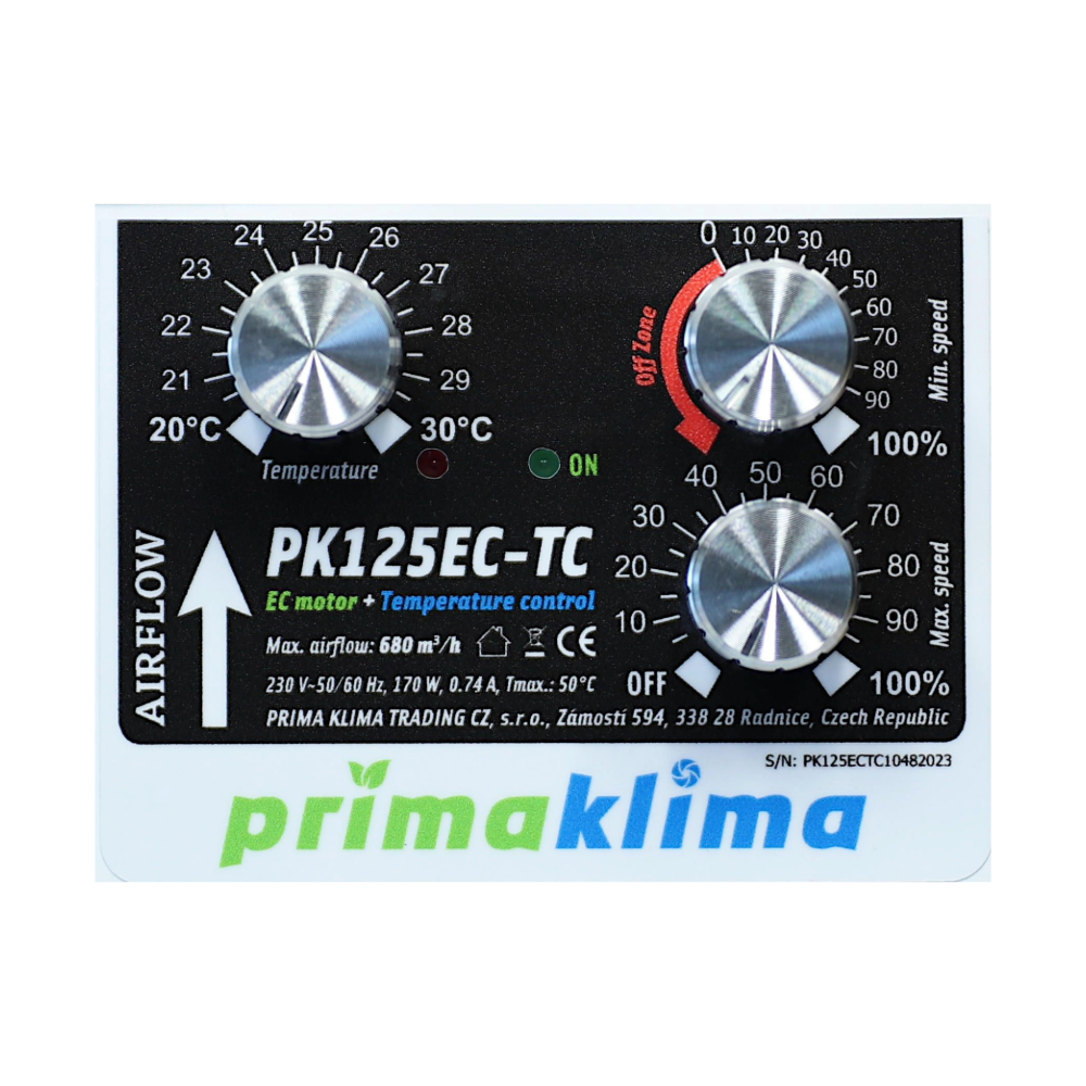 Prima Klima PK125EC-TC EC Ventilator mit Temperatursteuerung und Drehreglern Nahaufnahme