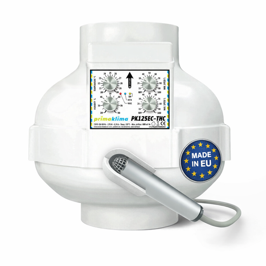 Prima Klima PK125EC-THC EC-Rohrventilator mit 125 mm Anschluss, Temperatur- und Feuchtigkeitssteuerung sowie Made-in-EU-Badge auf weißem Hintergrund