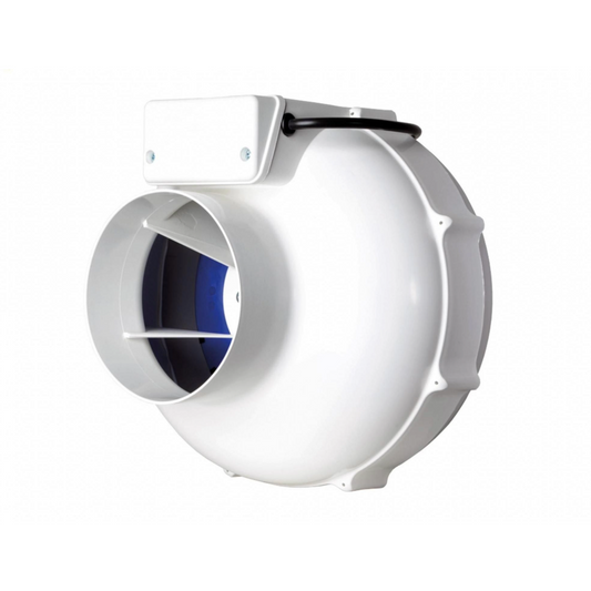 Prima Klima PK125ECblue EC Ventilator 125mm – Seitenansicht des Abluftventilators mit Gehäuse und Lüftungsausgang