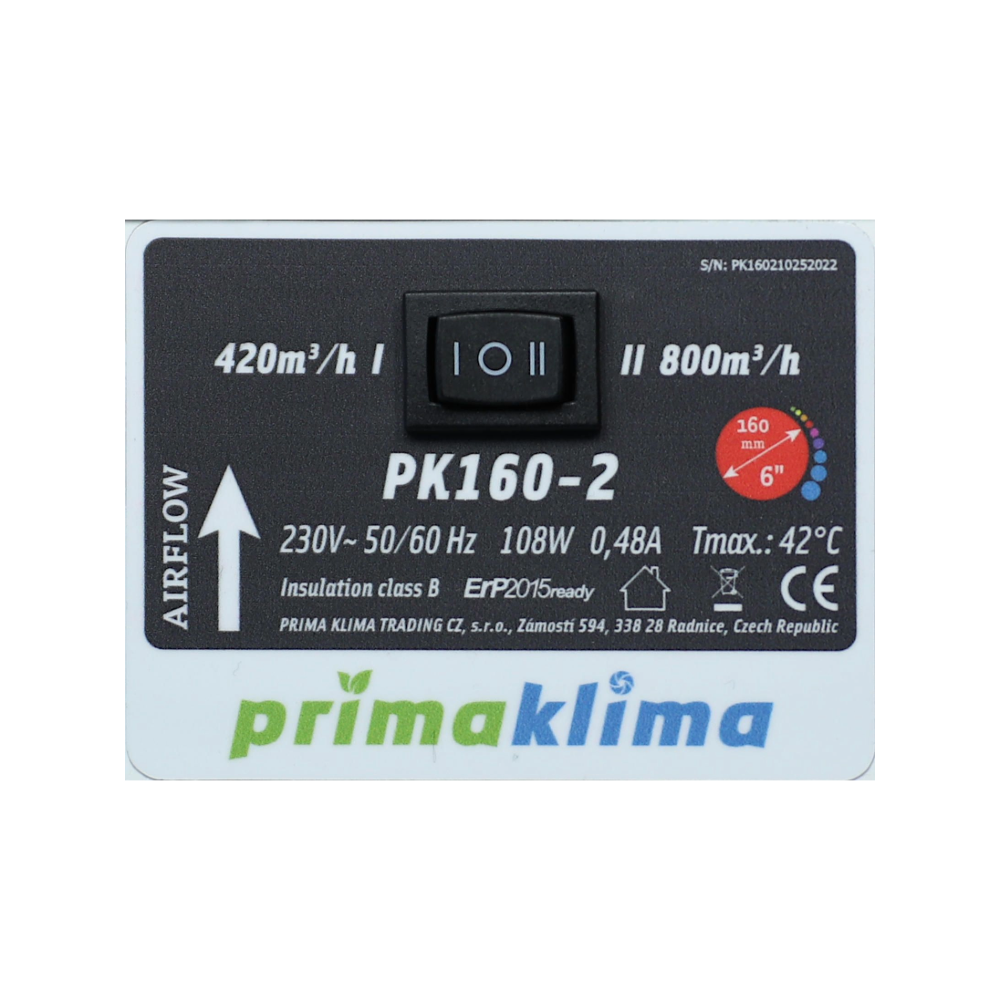 Detailansicht des Schalters am Prima Klima PK160-2 Lüfter mit zwei Leistungsstufen 800 und 420 m³/h