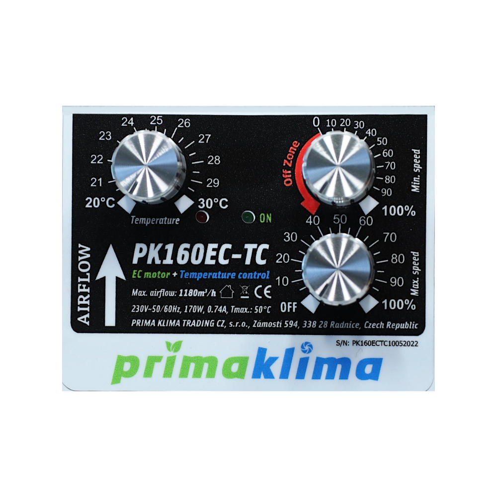 Detailansicht der Steuerung am Prima Klima PK160EC‑TC Ventilator mit Temperatur‑ und Geschwindigkeitsreglern