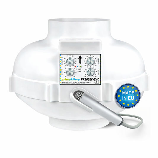 Prima Klima PK160EC-THC EC-Rohrventilator mit 160 mm Anschluss, Temperatur- und Feuchtigkeitssteuerung sowie Made-in-EU-Badge auf weißem Hintergrund