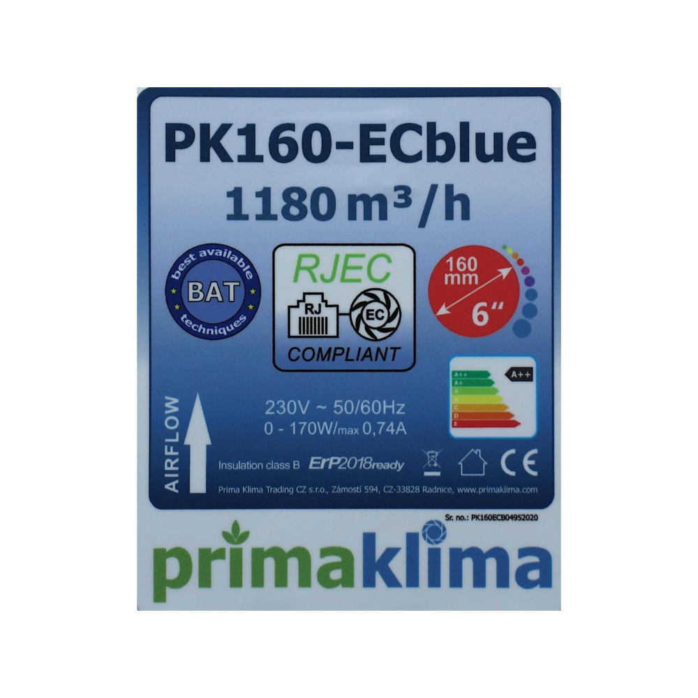Typenschild mit technischen Daten des Prima Klima PK160ECblue 1180 m³/h Abluftventilators