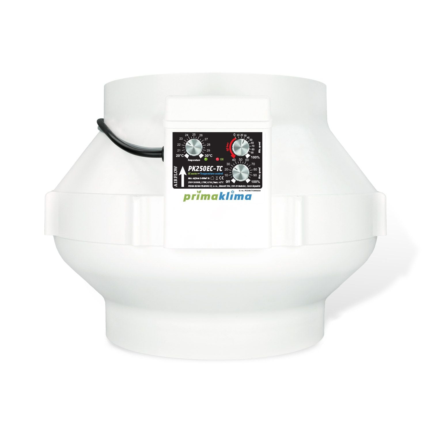 Prima Klima PK250EC-TC EC Ventilator 1450m³/h Ø250mm mit integrierter Temperatursteuerung – Frontansicht