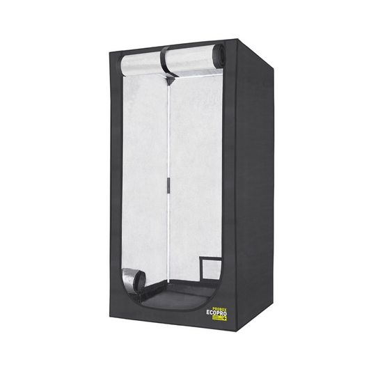 Aufgebaute PROBOX ECOPRO 40 Growbox mit hochgerollter Fronttür und reflektierender Mylar-Innenfläche – ideal für kleine Indoor-Growprojekte
