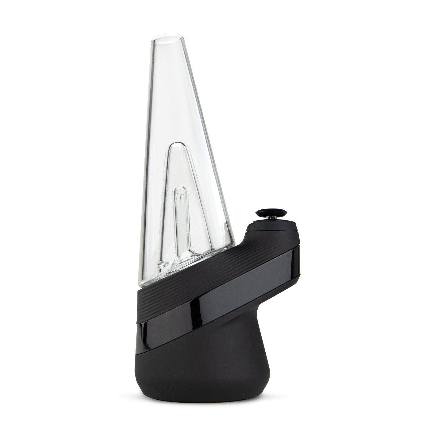 Puffco New Peak Onyx (schwarz) – smartes E-Rig für Konzentrate mit Glas-Wasserfilter und Joystick Cap, Seitenansicht.