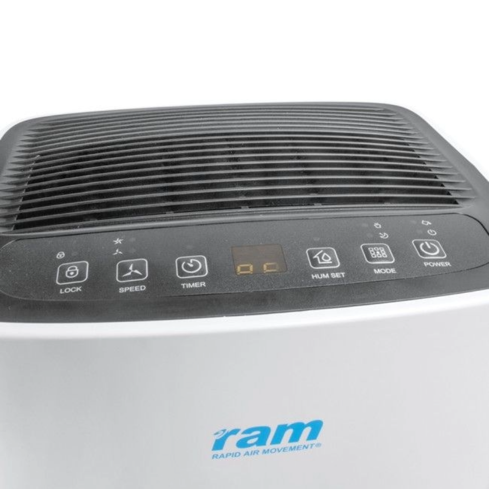 RAM Luftentfeuchter 12L Bedienfeld mit elektronischem Display, Timer und Feuchtigkeitsregelung für Growräume und Wohnräume