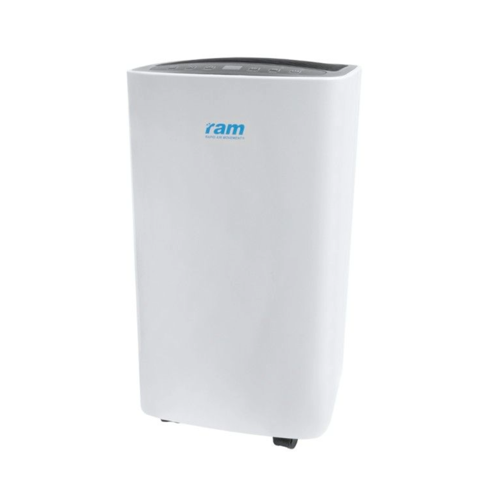RAM Luftentfeuchter 12L Vorderansicht in Weiß mit Rollen und modernem Design für Indoor-Entfeuchtung und Schimmelprävention
