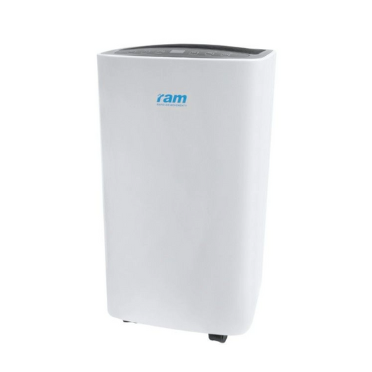 RAM Luftentfeuchter 12L Vorderansicht in Weiß mit Rollen und modernem Design für Indoor-Entfeuchtung und Schimmelprävention