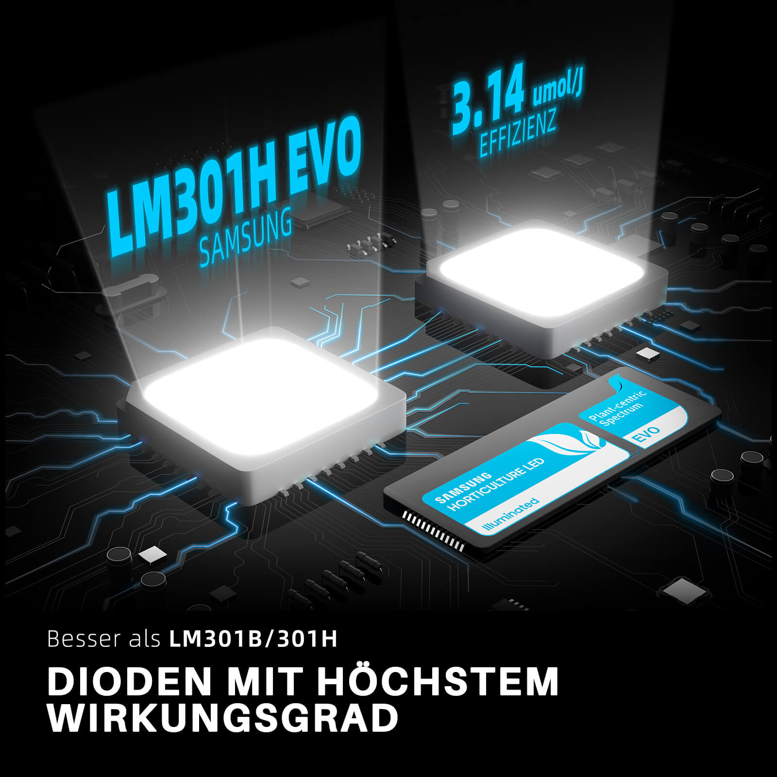 Samsung LM301H EVO LEDs mit hoher Effizienz (3,14 µmol/J) – Spider Farmer SF1000 LED Grow Lampe