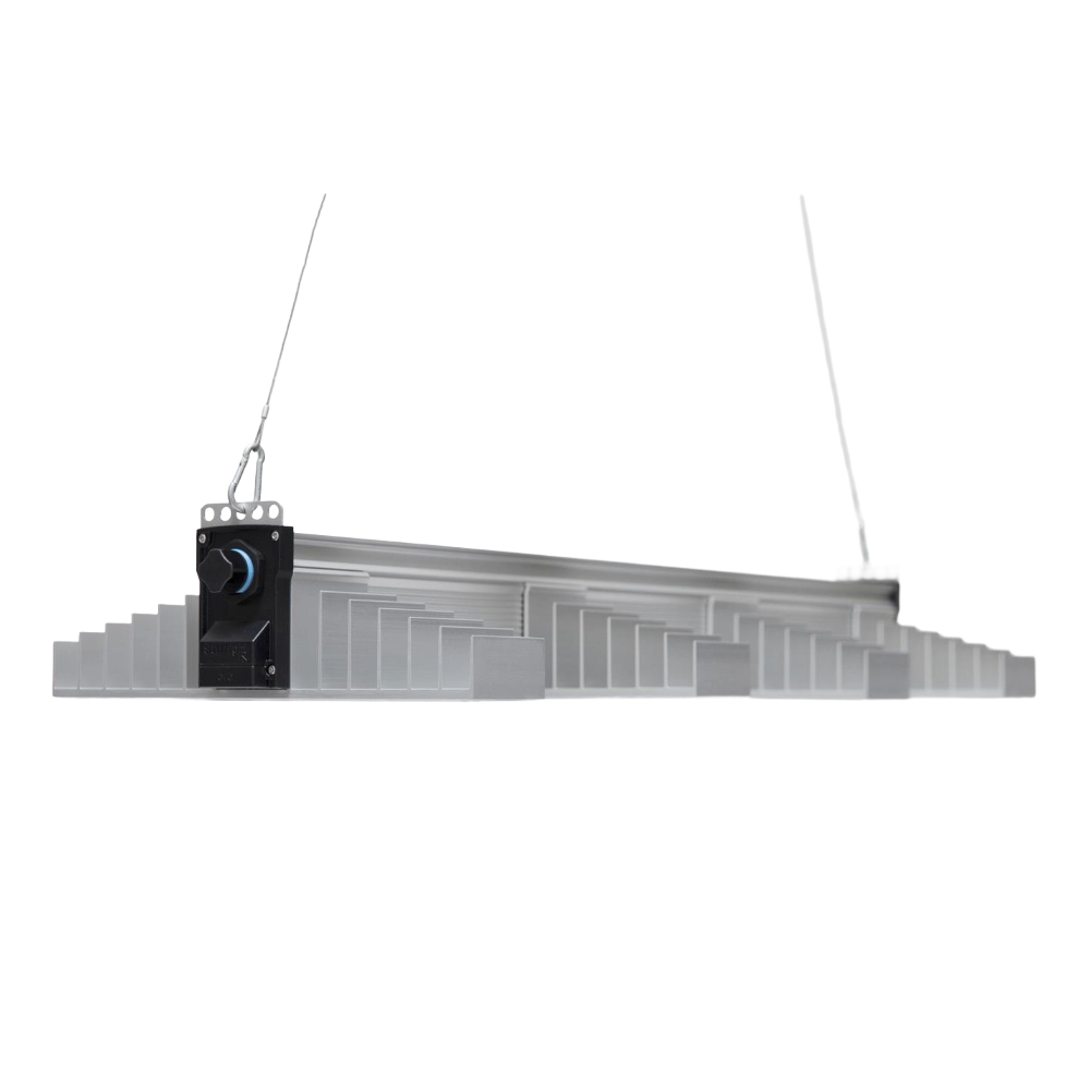 SANlight EVO 4-100 1.5 LED Growlight – Seitenansicht hängend mit Dimmer/Anschlussmodul, optimiert für 50×100 cm.