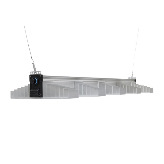 SANlight EVO 5-100 1.5 LED Growlight – Seitenansicht hängend mit Anschluss-/Dimm-Modul, 340W und 915 µmol/s.