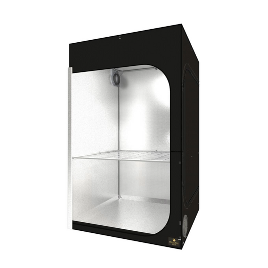 Komplettansicht des aufgebauten Secret Jardin Dark Street DS120 Rev.4 Growzelts mit reflektierendem Innenraum