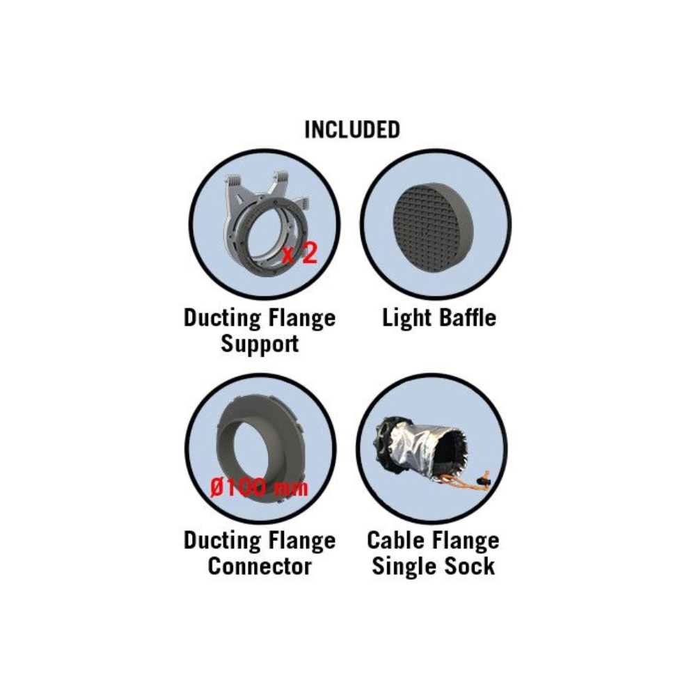 Zubehör des Secret Jardin Dark Street DS60 Rev.4 mit Ducting Flange, Light Baffle, Connector und Cable Flange für optimale Belüftung