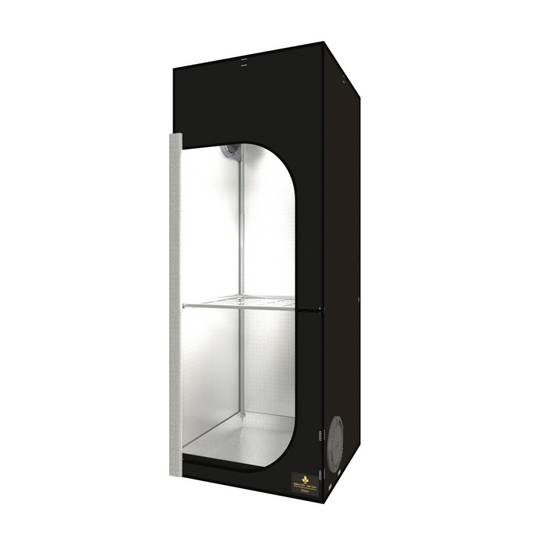 Innenansicht des Secret Jardin Dark Street DS60 Rev.4 Pflanzenzelts mit reflektierender Mylarfolie und stabiler Bauweise