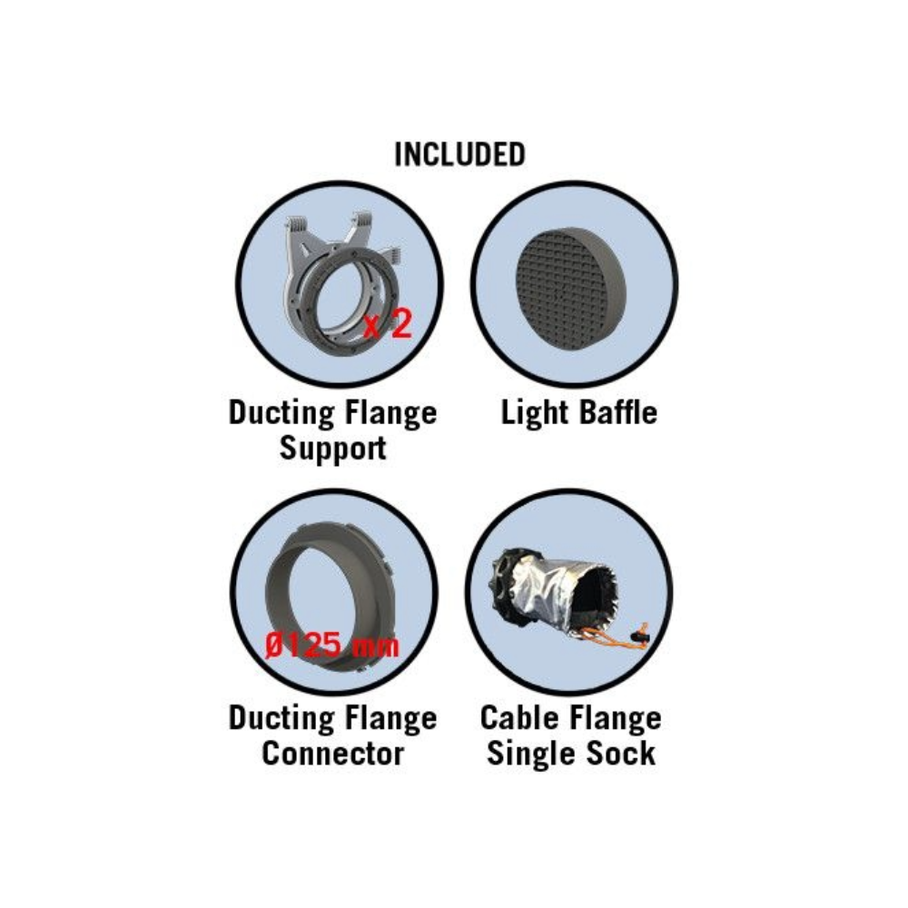 Zubehör des Secret Jardin Dark Street DS90 Rev.4 mit Ducting Flange, Light Baffle, Connector und Cable Flange für Lüftung und Kabelmanagement